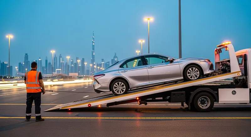 tow truck transporting a car on a Dubai highway