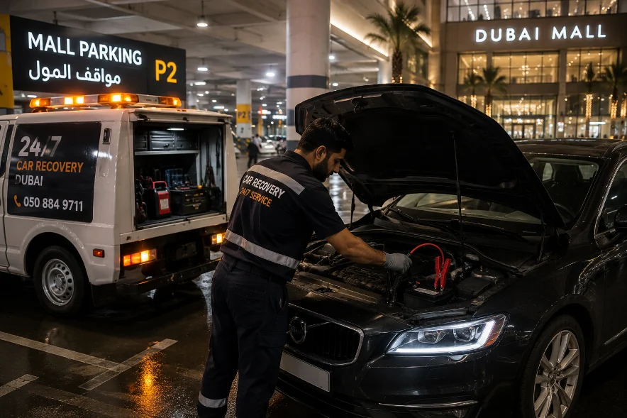 operator jump-starting a car in a parking lot