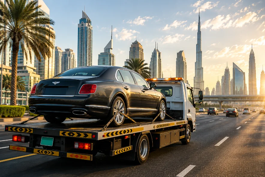 flatbed truck loading a car on Sheikh Zayed Road