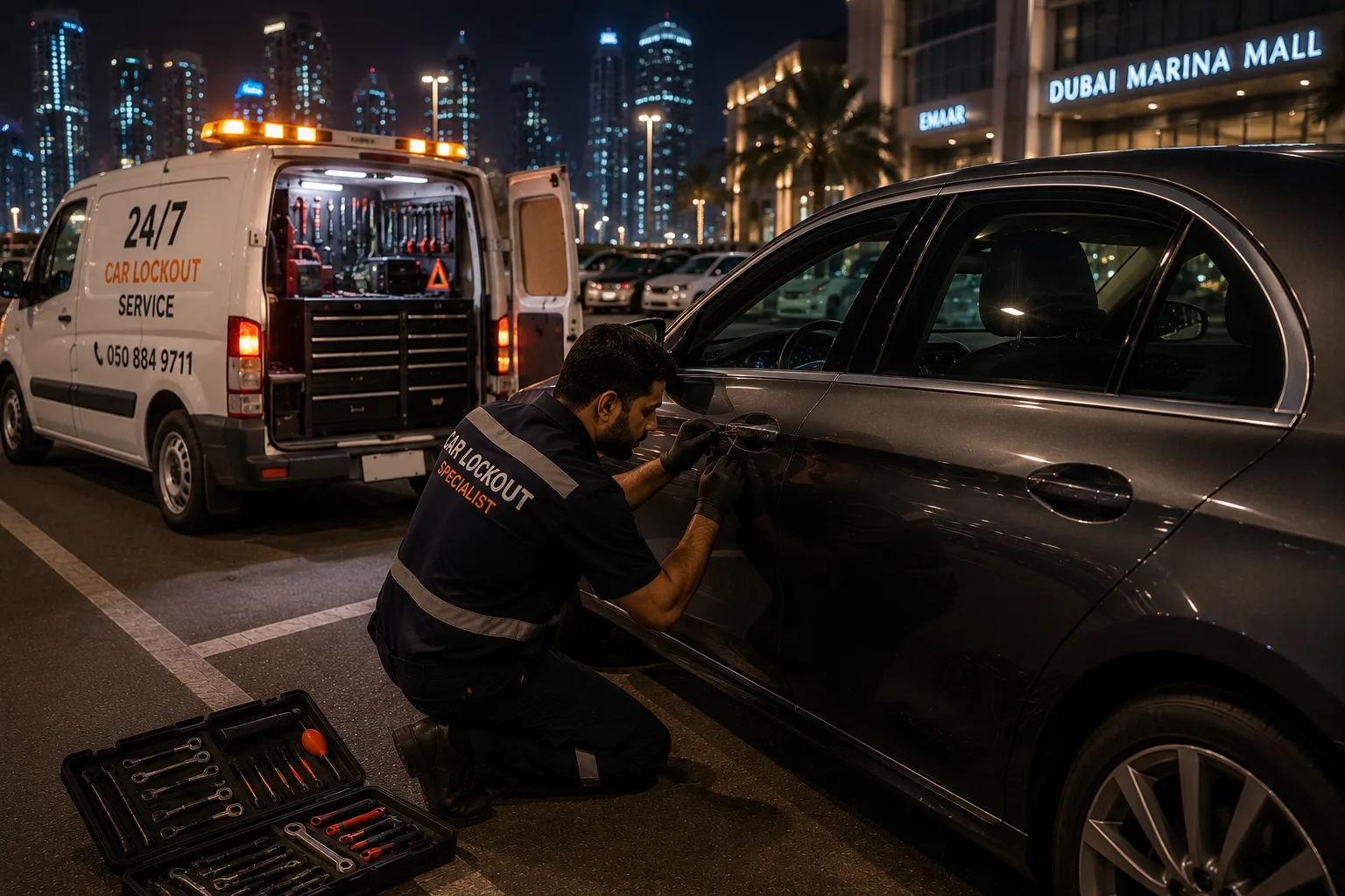 Car lockout specialist unlocking a car door at Dubai Marina