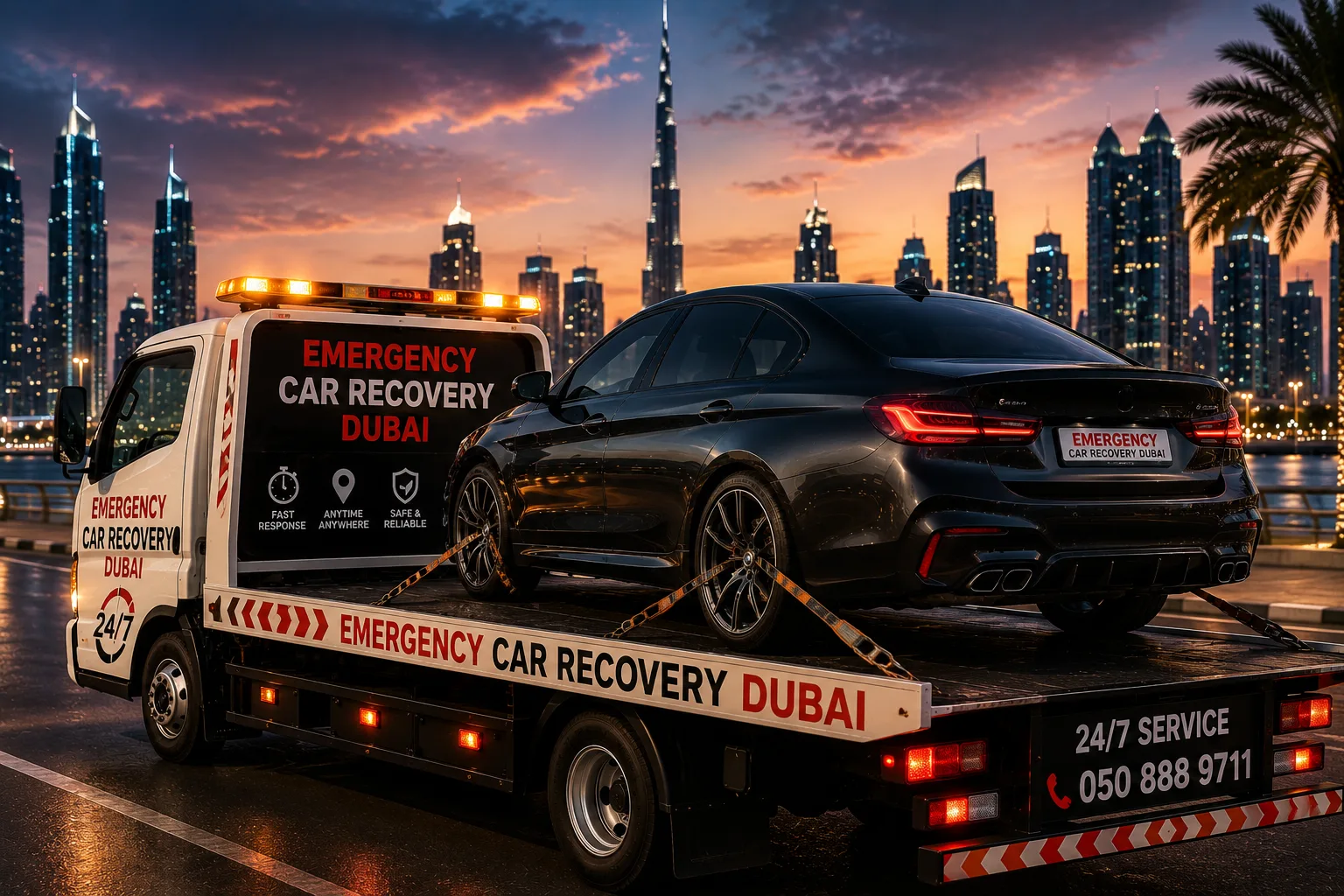 Emergency Car Recovery Dubai flatbed truck carrying a black sedan with Dubai skyline at dusk