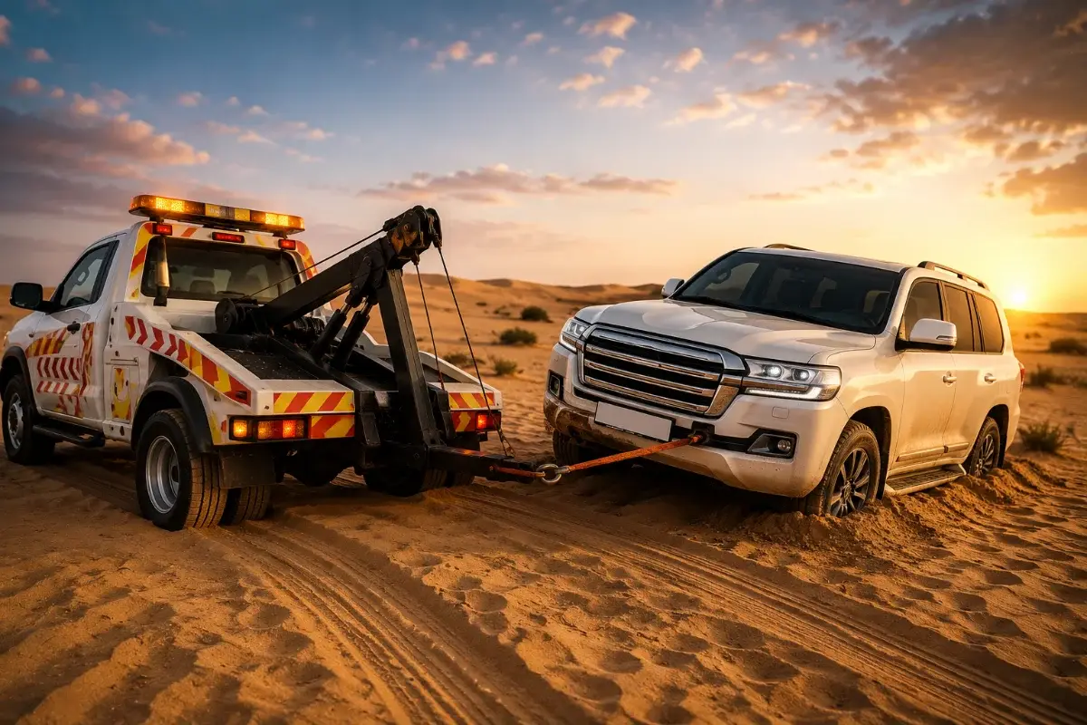 4x4 being pulled out of soft desert sand with a recovery strap near Dubai