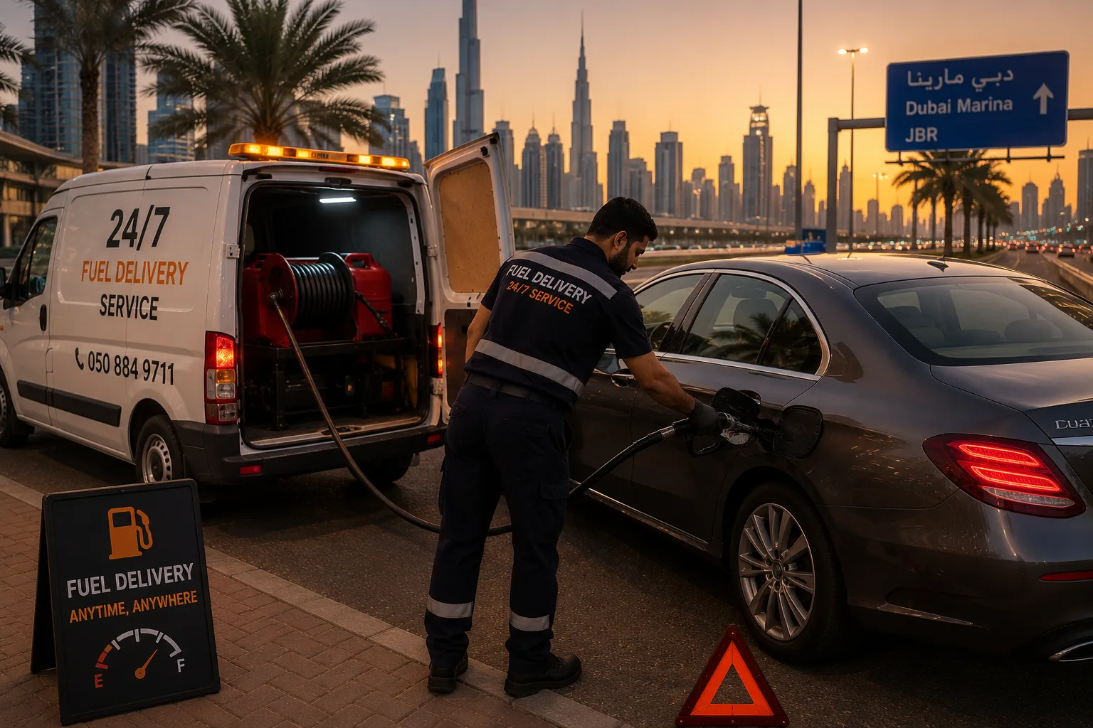 Fuel delivery operator refuelling a car at the roadside in Dubai