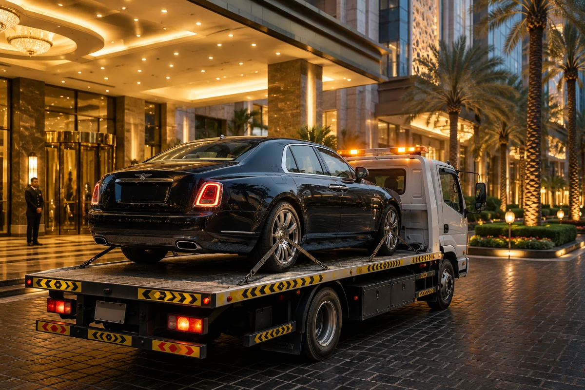 luxury sedan on flatbed at a Dubai hotel entrance