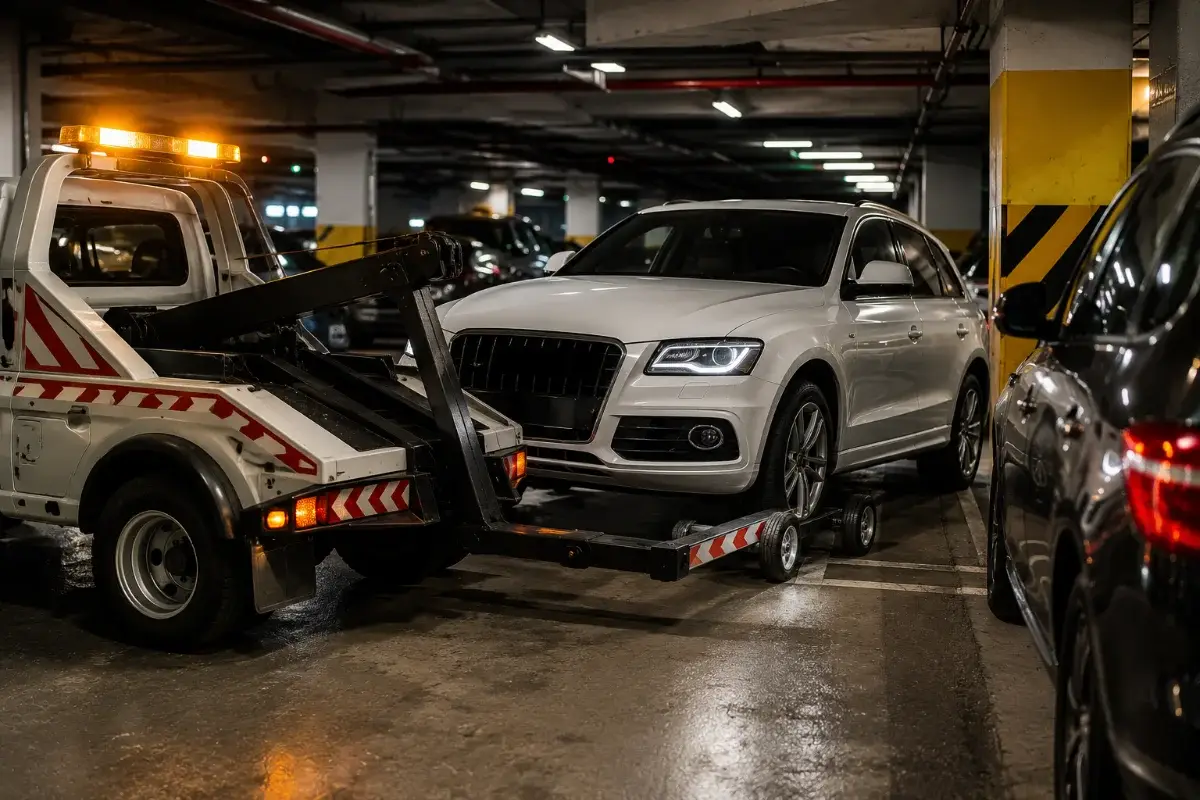 Compact wheel-lift rig pulling a car out of an underground car park in Dubai